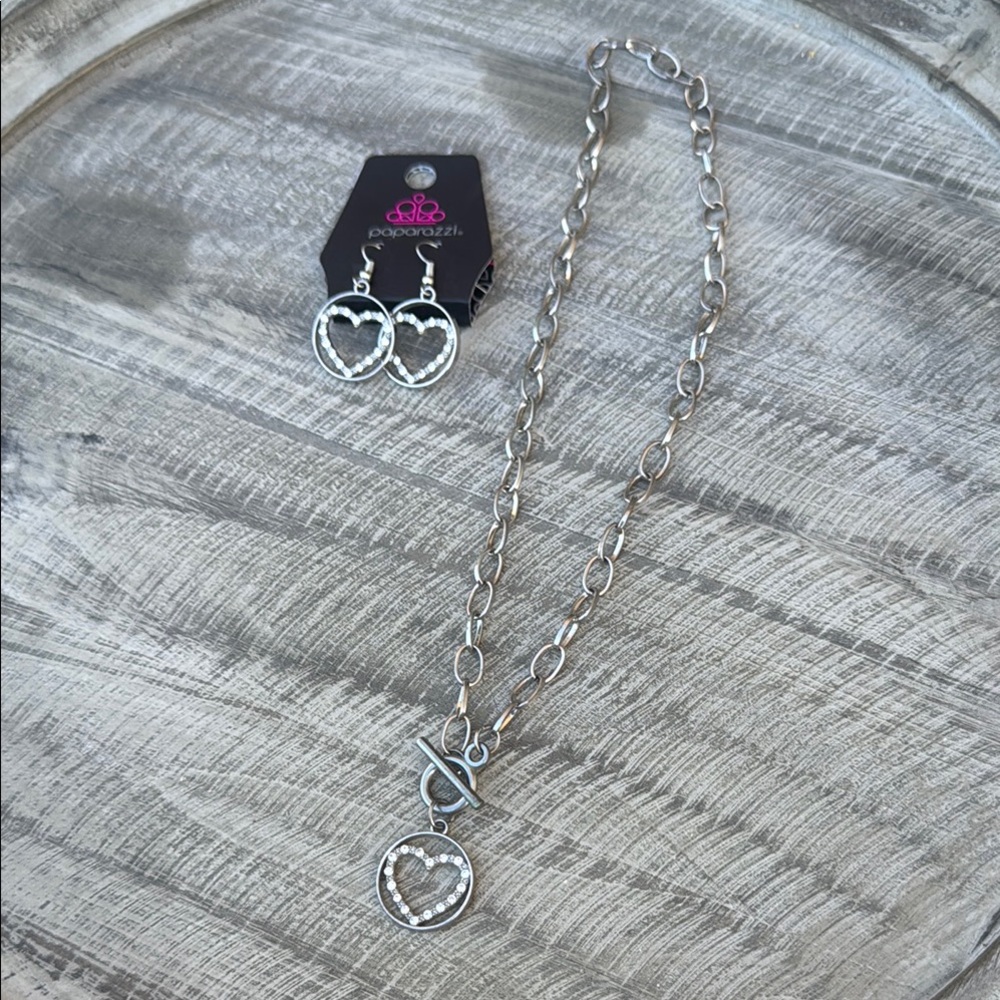 Paparazzi Silver Tone With Rhinestone Necklace and Matching  Earrings